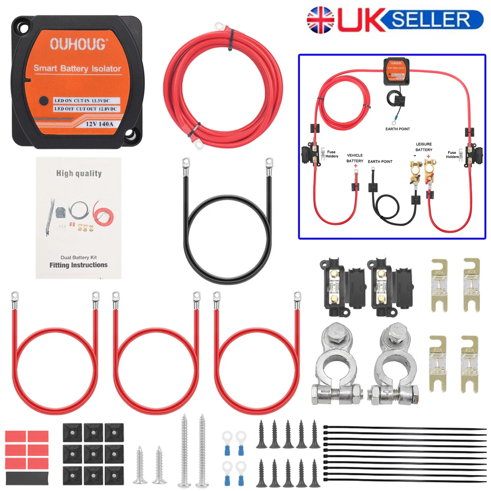 Kit de relé de carga dividida listo para usar, 3m, 12v, 140 AMP, VSR, 110Amp, plomo T4, T5, Camper UK