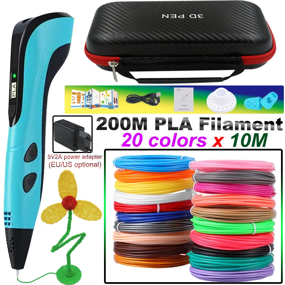 

3D Printing Pen Set with 200M PLA Filament Portable Travel Storage Box Power Adapter Children Birthday Christmas Creative Gift