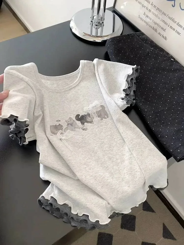 

Bow Cat Tshirts Slim Fit Ruffles Patchwork Women 100% Cotton T-shirt Y2K 2000s Japanese Style Summer Tee Girls Kawaii Crop Tops