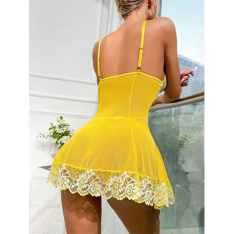 Camisón transparente de encaje con flores, vestidos Halter de Color sólido con escote en V profundo, pijama Sexy, picardías para mujer, ropa de dormir de verano