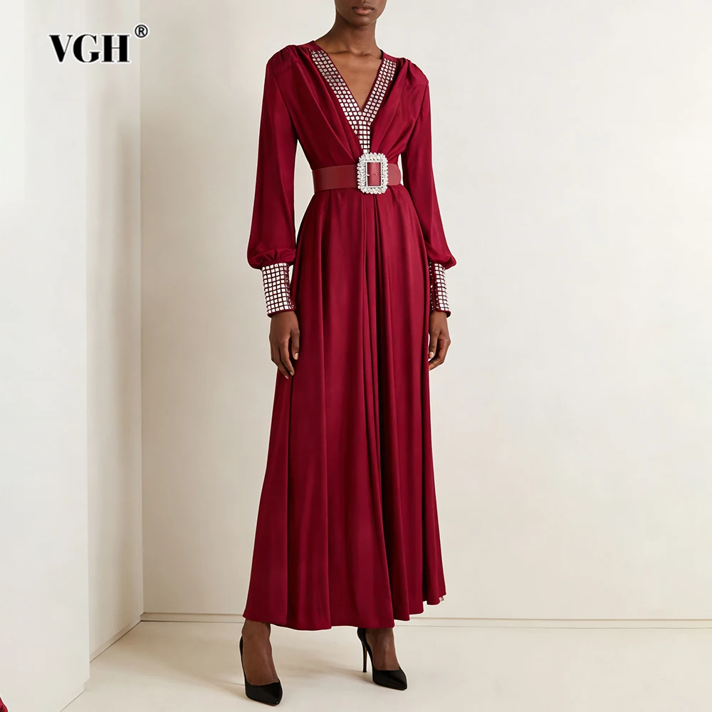 VGH Slimming Spliced Belt Casual Dresses For Women V Neck Long Sleeve High Waist Autumn Elegant Draped Dress Female Fashion New