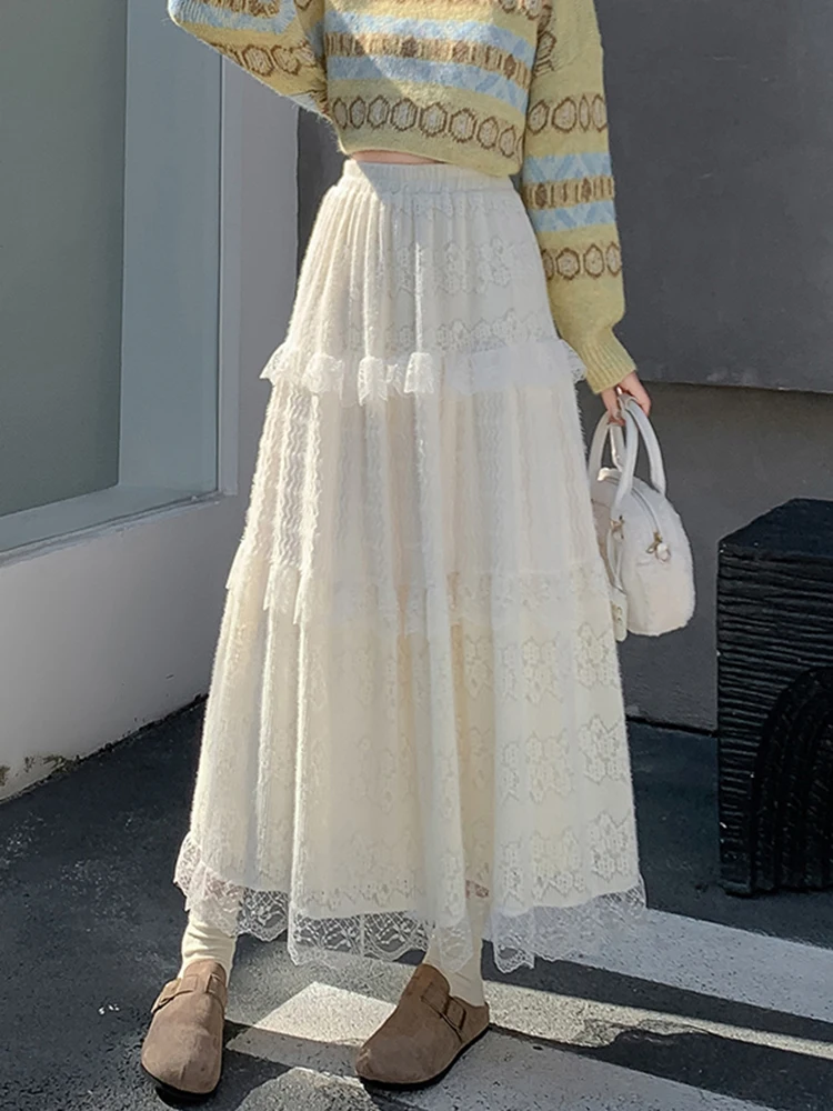 

Милая кружевная длинная юбка женская осень-зима с высокой талией свободные милые юбки-торты французская элегантная лоскутная повседневная женская юбка Kawaii
