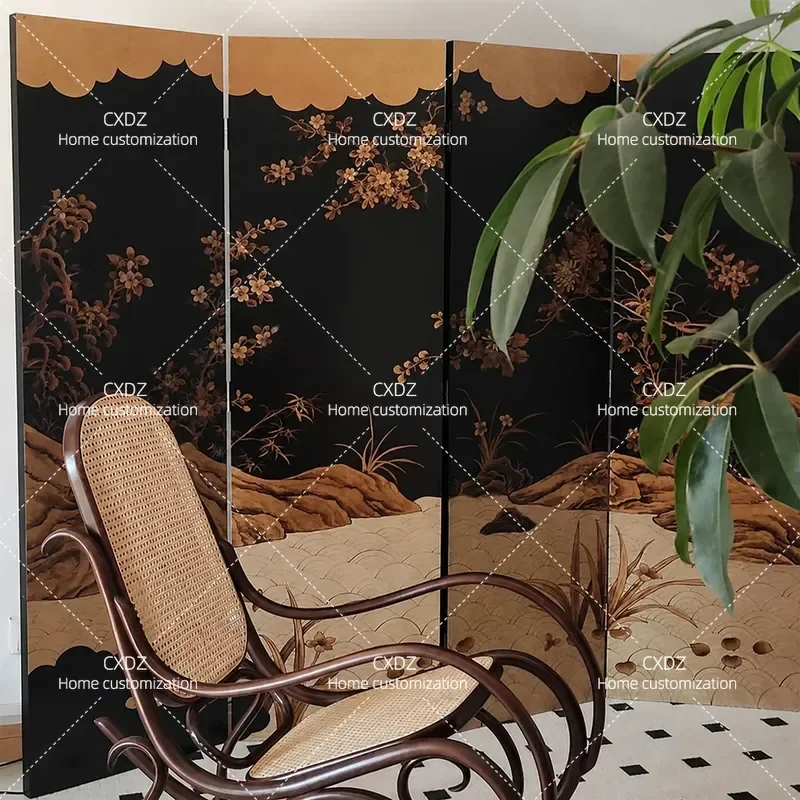 Retro Black Gold Foil Folding Screen Room Divider for Living Room Bedroom Dining Room Entrance Partition Background Blocking
