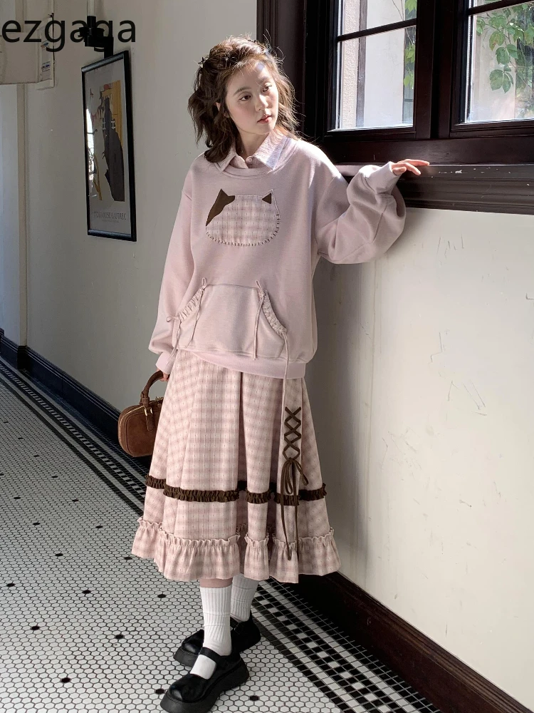 

Ezgaga Skirts Women Sweet Irregular Bandage 2025 Autumn Winter Patchwork Ruffles Bandage Plaid Long Skirt Female Fashion