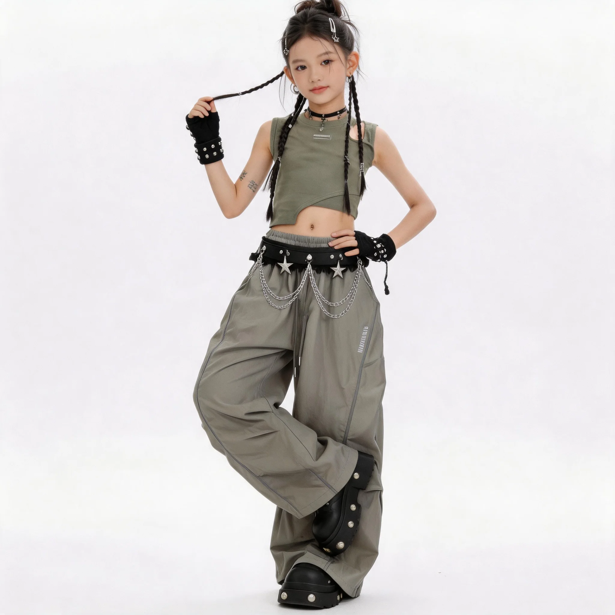 kid-kpop-hip-hop-clothing-black-strap-crop-top-t-shirt-gray-casual-wide-belt-pants-for-girl-jazz-dance-costume-clothes