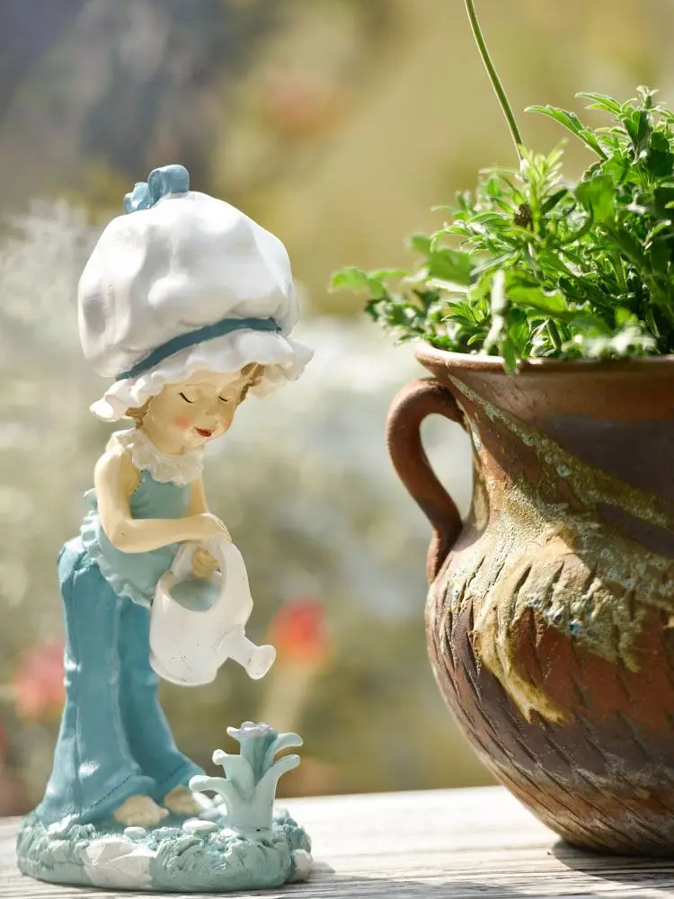 Jeans Kettle Bird Girl Cartoon Tabletop Resin Adornment Outdoor Garden Balcony Figurines Decor Layout Courtyard sculpture Crafts