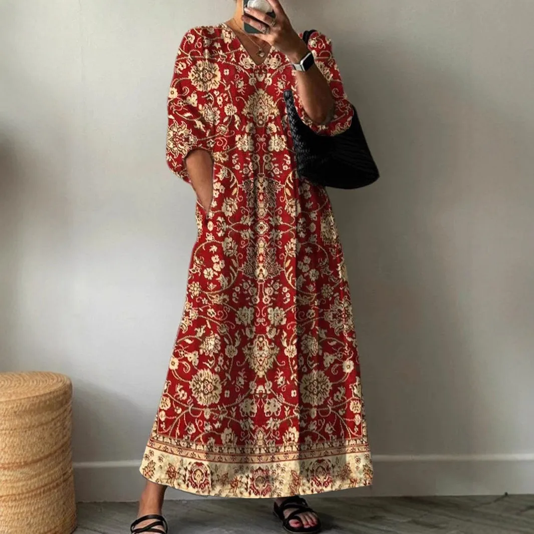 Primavera e outono vestido feminino moda casual com decote em v meados de manga floral macacão vestido longo