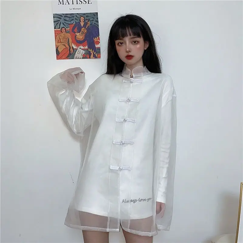 QWEEK Transparent Blouse Women Korean Fashion White Oversized Shirt Mesh Tops Long Sleeve Chic Beautiful Sexy Summer 2023 Female