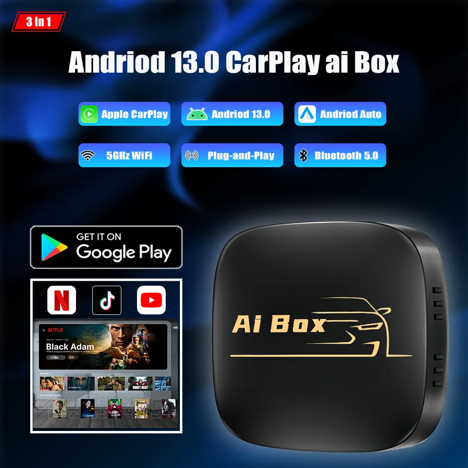 

2025 New Carply Ai Box Wired to Wireless Andriod Auto & Apple CarPlay Smart Andriod 13.0 Multimedia Box Built-in Netflix YouTube