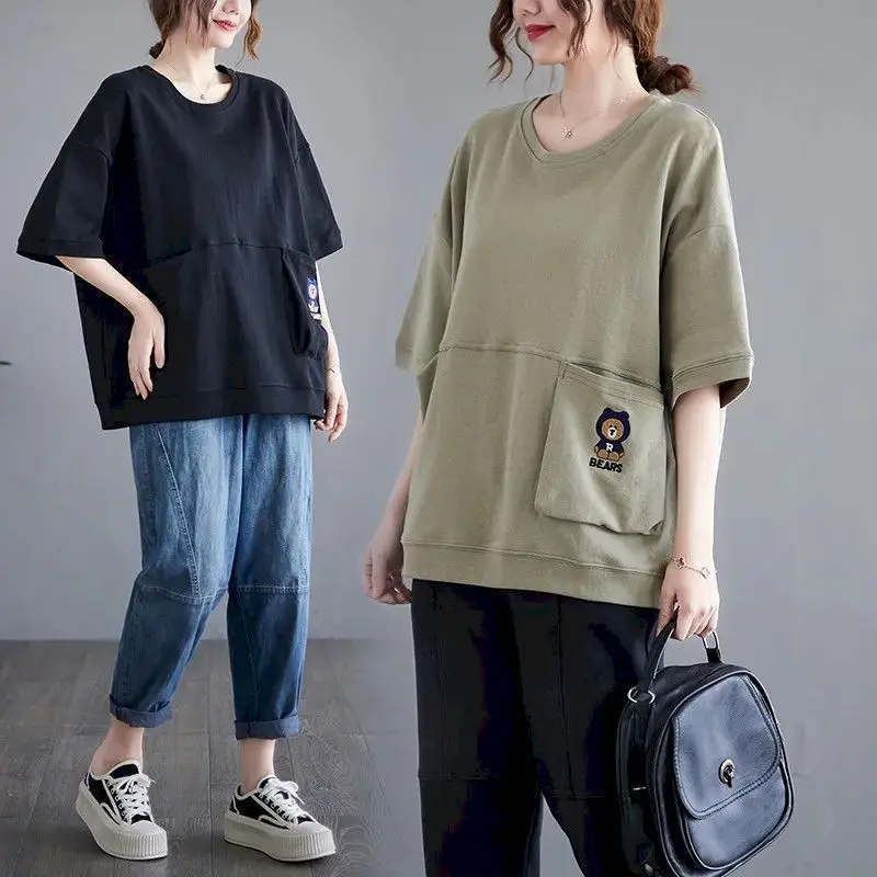 Cotton T Shirts Women Fashion Loose T-shirt Pocket Embroiderey Patchwork Design Short Sleeve Top 2025 New In Summer Trend Tshirt