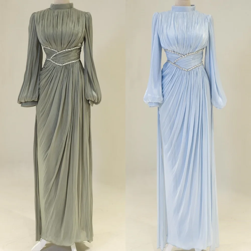 

Customized High Quality Classic Chiffon Rhinestone Pleat Straight High Collar Long Dresses Bespoke Occasion Dresses Matching