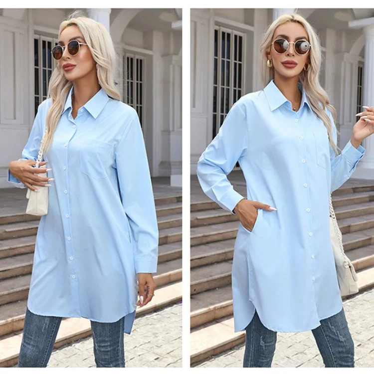 Women Casual Spring Autumn Style Blouses Shirts Lady Long Sleeve Turn-down Collar Solid Color Long Blouse Tops