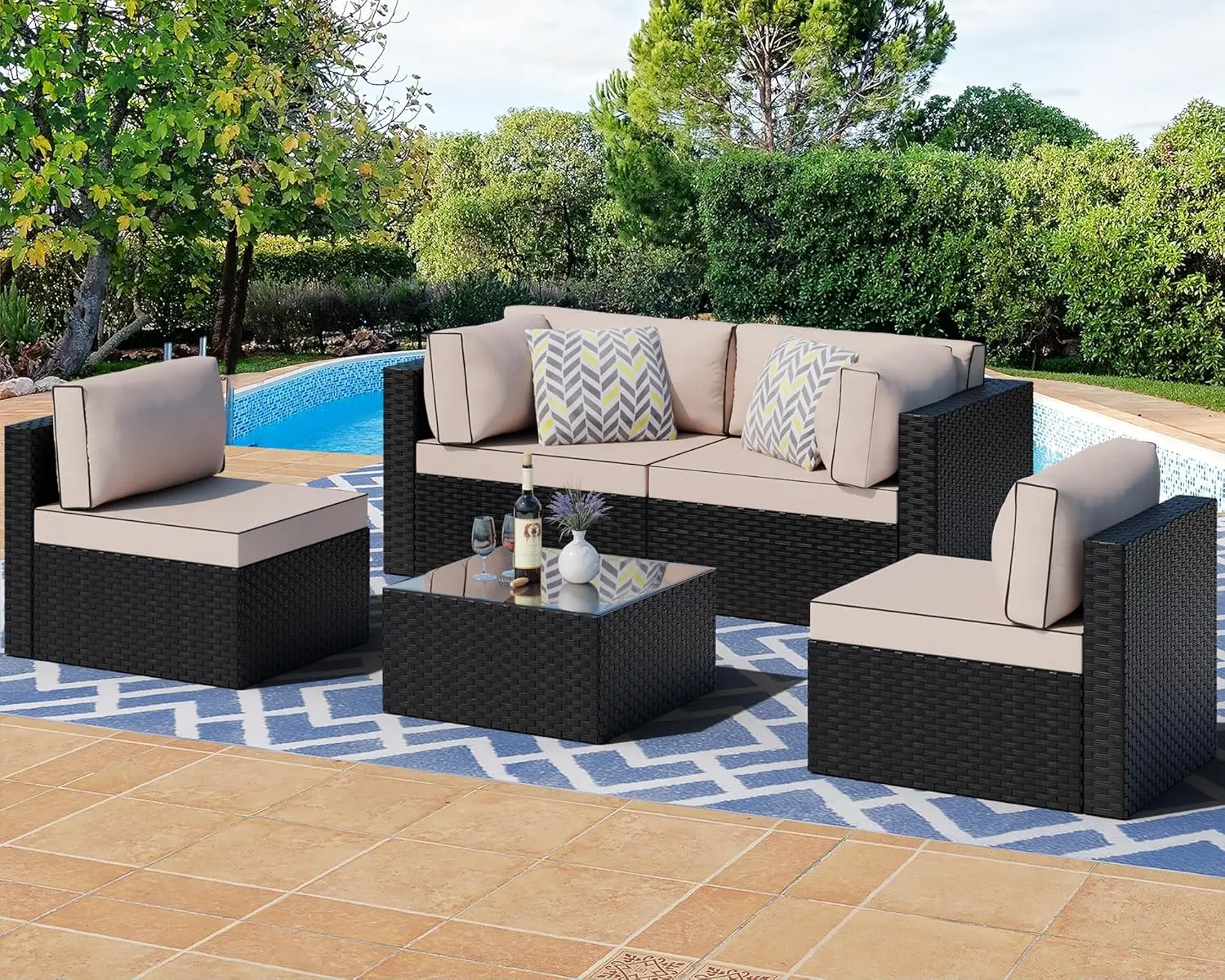 

Shintenchi 5 Pieces Outdoor Patio Sectional Sofa Couch Black PE Wicker Furniture Patio Conversation Sets Washable Cushions Khaki