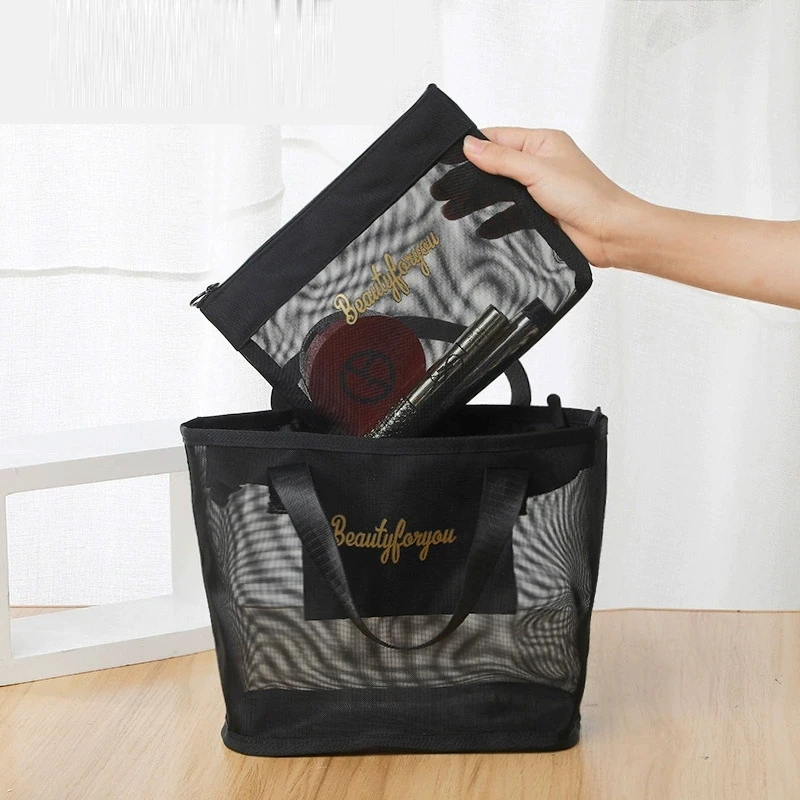 2pcs/set Chic Large Capacity Mesh Wash Bag Portable Travel Cosmetics Storage Bag Outdoor Beach Bath Tote Bag with Clutches Pouch
