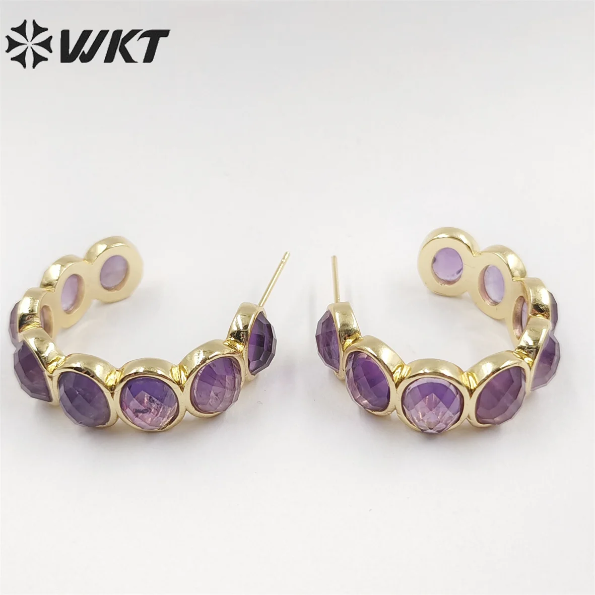 WT-E707 Amazing Fashion Women Natural Gemstone Setting Letter C Crescent Horn Earrings Lady Anniversary Jewelry Findings