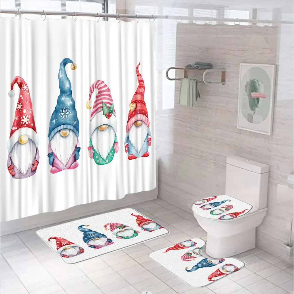 4Pcs Red Truck Christmas Shower Curtain Set Xmas Gift Winter Snowflake New Year Bathroom Curtains Bath Mat Rug Lid Toilet Cover