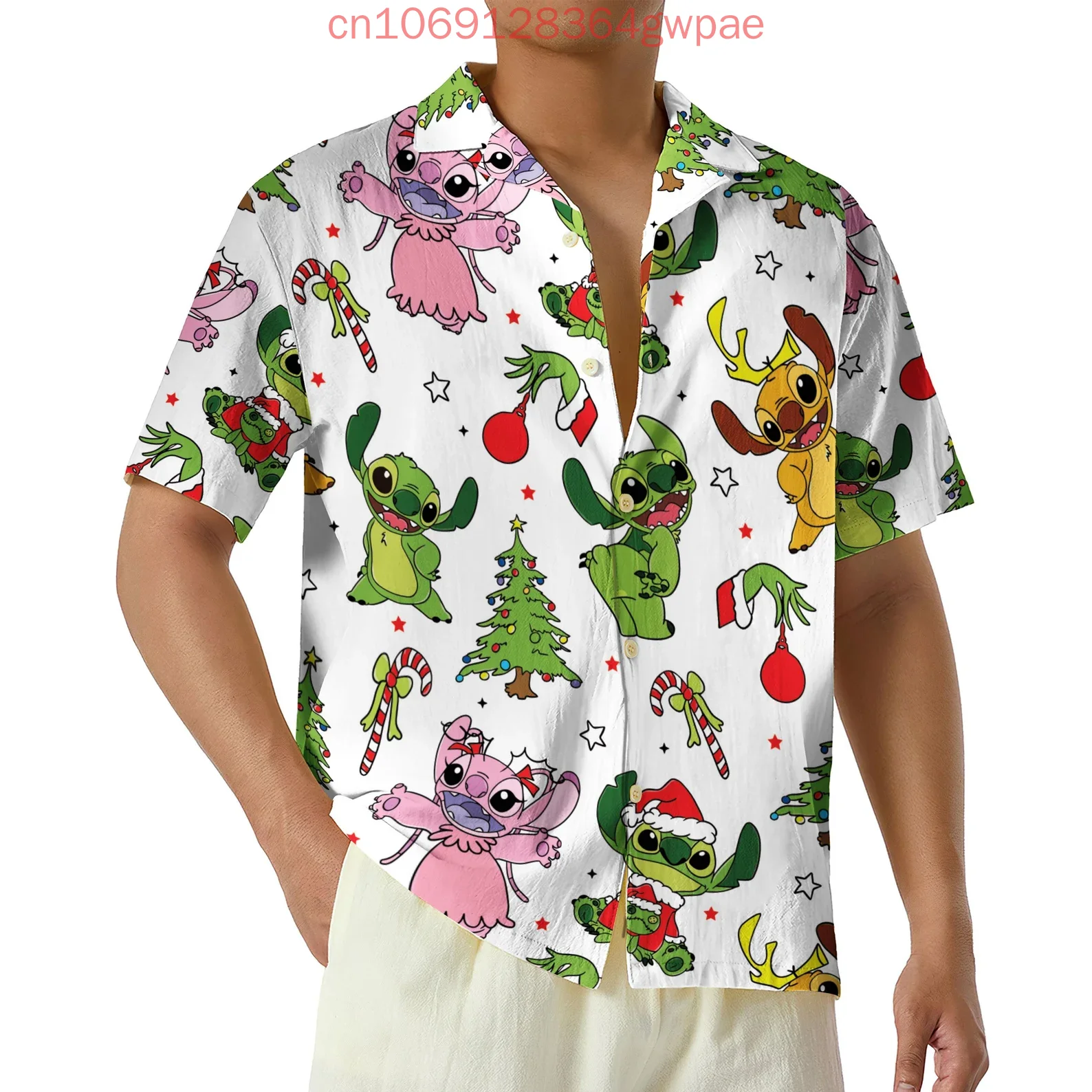 Disney Stitch Christmas Hawaiian Shirt Men's Women's Casual Short Sleeved Shirt Tops Cartoon Kids Button Up Beach Shirt