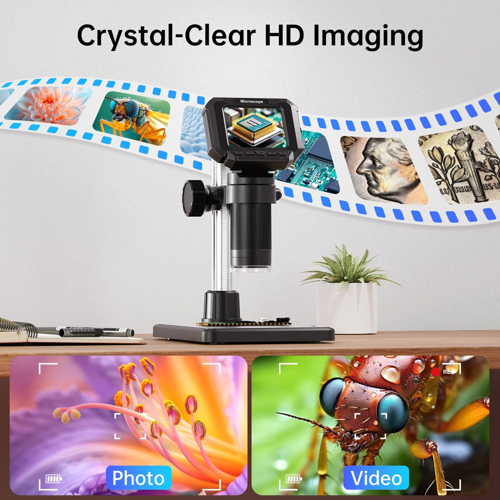 مجهر رقمي بشاشة 2.4 بوصة مجهر عملة 1000X مع 8 مجهر LED للإصلاح والعملات المعدنية واللحام #3