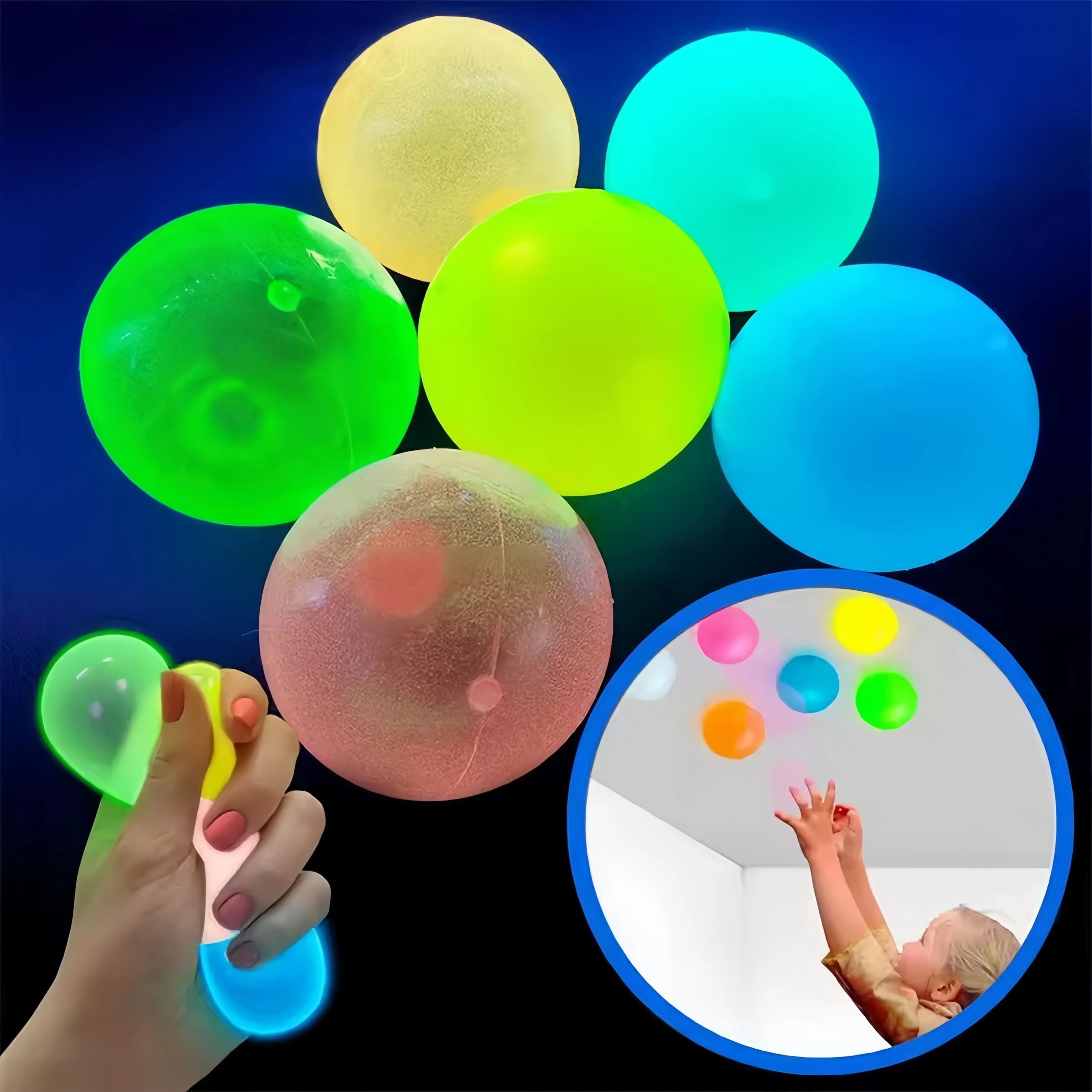 Bola luminosa de pared con ventosa, juguetes de descompresión pegajosos, pelota para apretar para chico, adolescente y adulto, bolas de juguete TPR coloridas, Color aleatorio