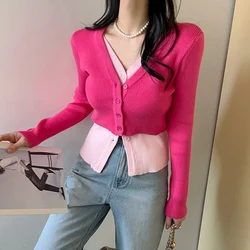 Korea Fashion Women Elegant Contrast Color Splicing Knitted Cardigan Sexy V-Neck Long Sleeve Slim Stretch Sweater Tops Female