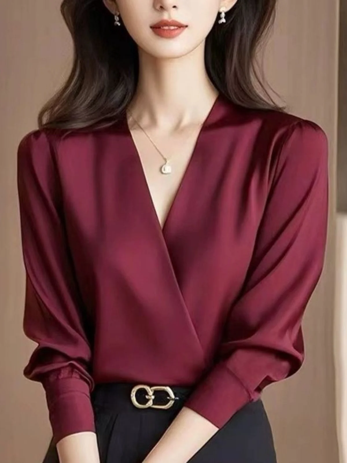 

Красный женский осенний модный топ V-Ne Long Sve irt, уникальный топ ранней весны, свободный крой из полиэфирного волокна, 00%