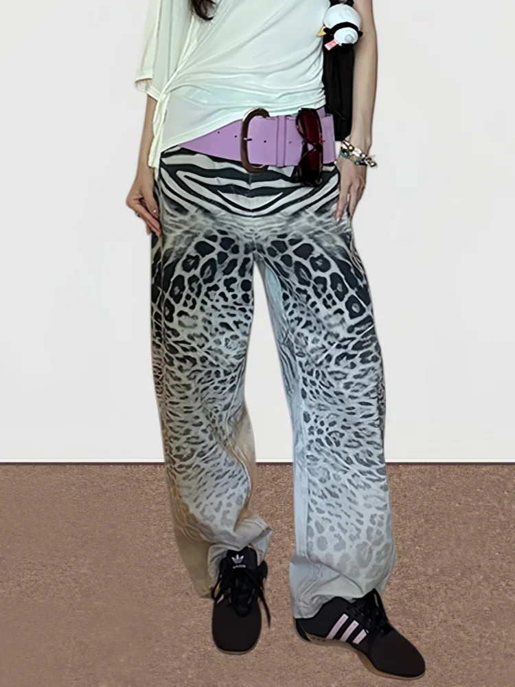 

2025 American Retro Y2K Fashion Leopard Baggy Women's Jeans Pants Clothing Gothic Woman Streetwear Long Trousers Roupas Feminina