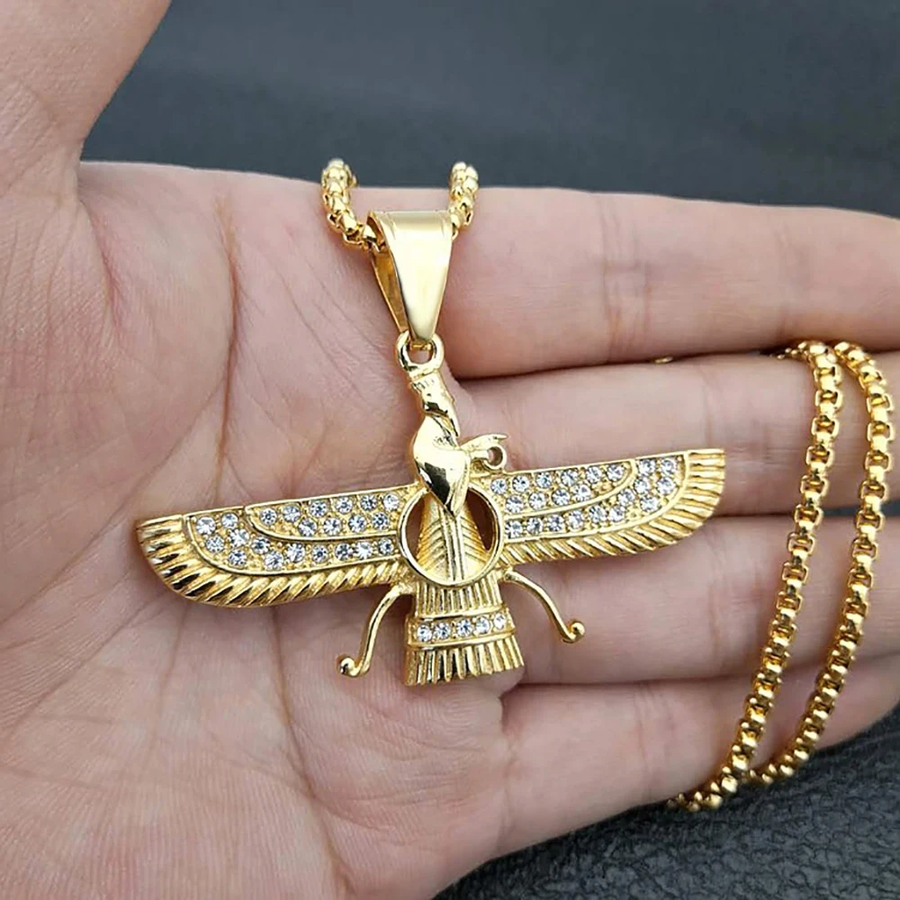 Stainless Steel Iran Faravahar Ahura Mazda Pendant Gold Color Zoroastrian Necklace For Men Women Hip Hop Iced Out Jewelry Gift