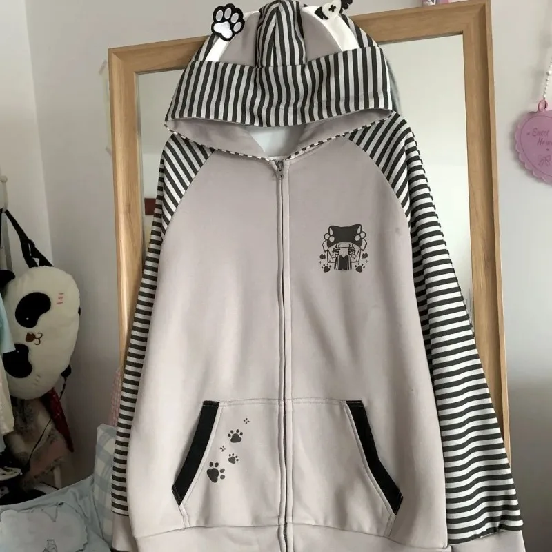 Deeptown Y2k Kawaii Cartoon Print Zip Up Women Striped Hoodies Harajuku Japanese Fashion Hooded Sweatshirts Loose Cute New Top