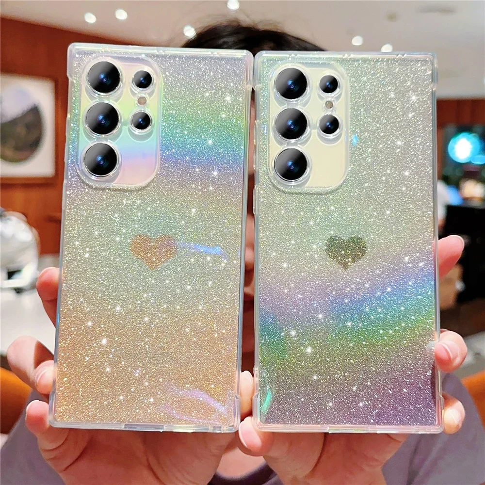 Cute Love Heart Gradient Glitter Clear Case for Samsung S23 Ultra S22 S21 Plus S20 FE A54 A34 A24 A14 A53 A33 A23 A13 Soft Cover