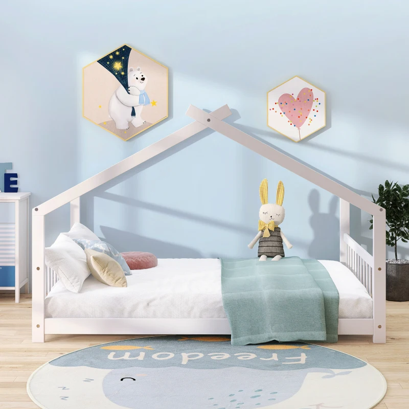 Full Size Wooden House Cama, Branco, Cama