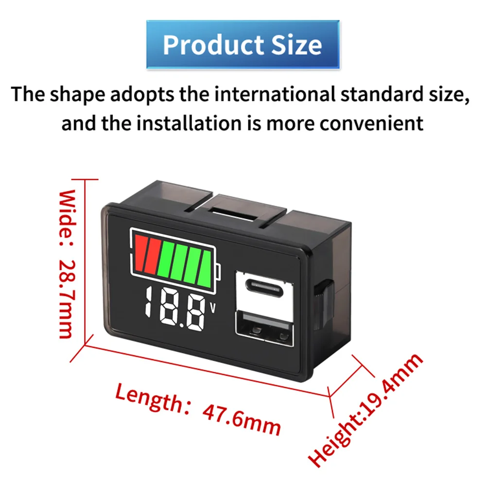 Type-c Dual USB DC8-100V Battery Capacity Indicator Tester  Motorcycle Voltmeter Lead Acid Lithium LiFePO4 Power Meter Tool