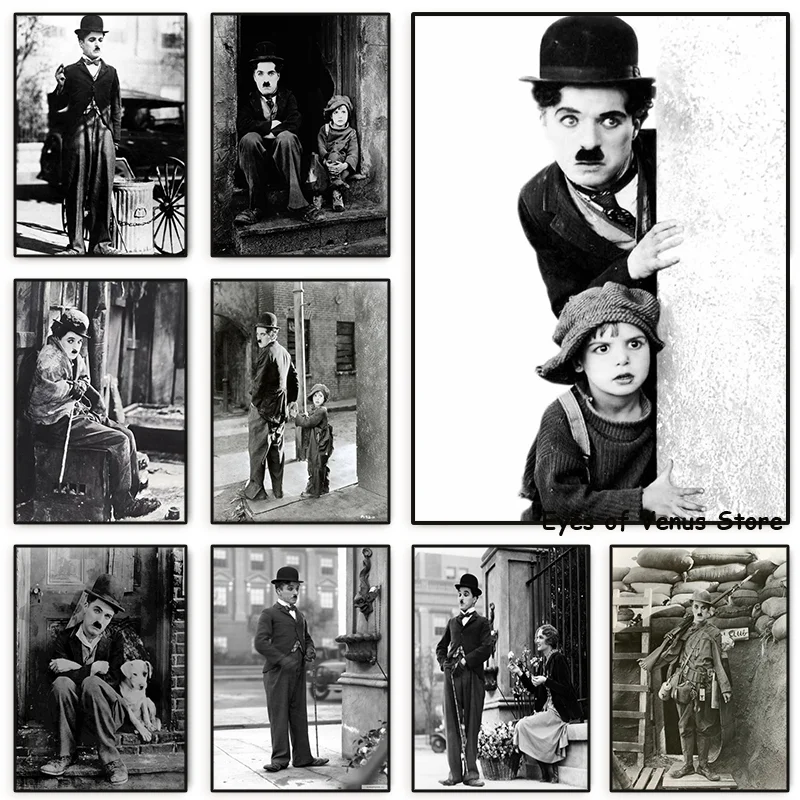 Vintage Black and White Charlie Chaplin Poster Famous Comedy Actor Canvas Painting Wall Art Pictures Living Room Home Decoration