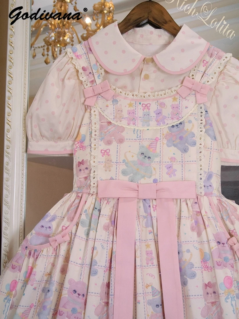 

Original Sweet Girls Women's Lolita Jsk and Op Dress New Spring and Summer Cute Polka Dot Yellow Blouse Cartoon Dress Sets