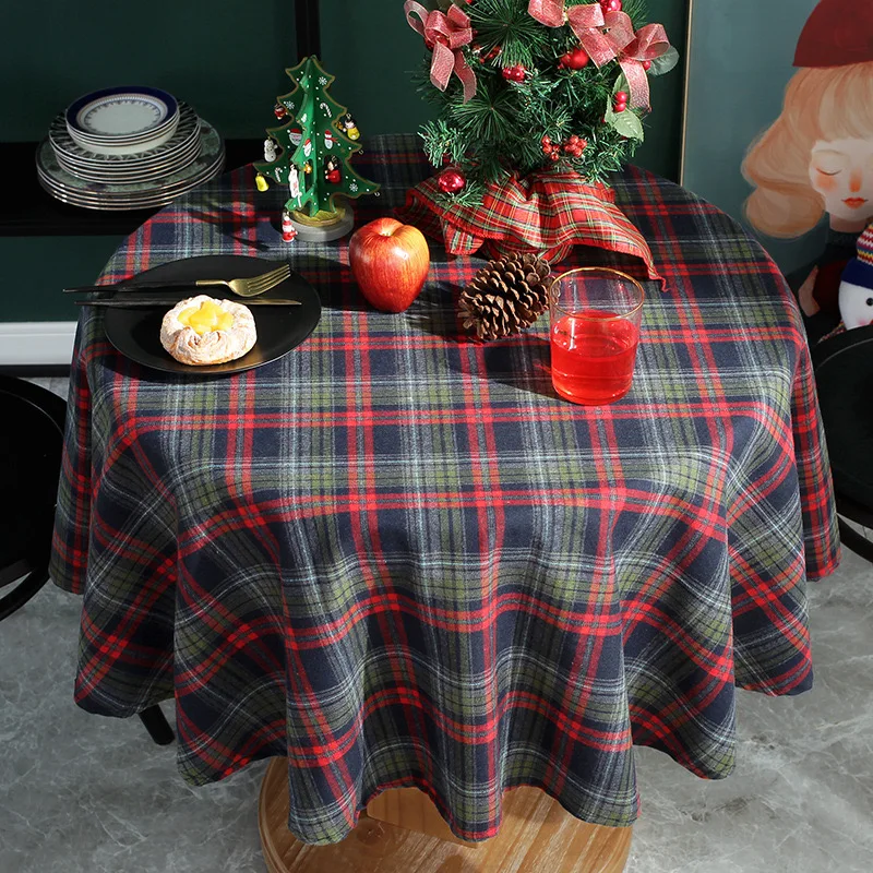 Round Tablecloth Christmas Decoration Plaid Table Cover for New Year Family Gathering Restaurant Party Dinner Home Decoration