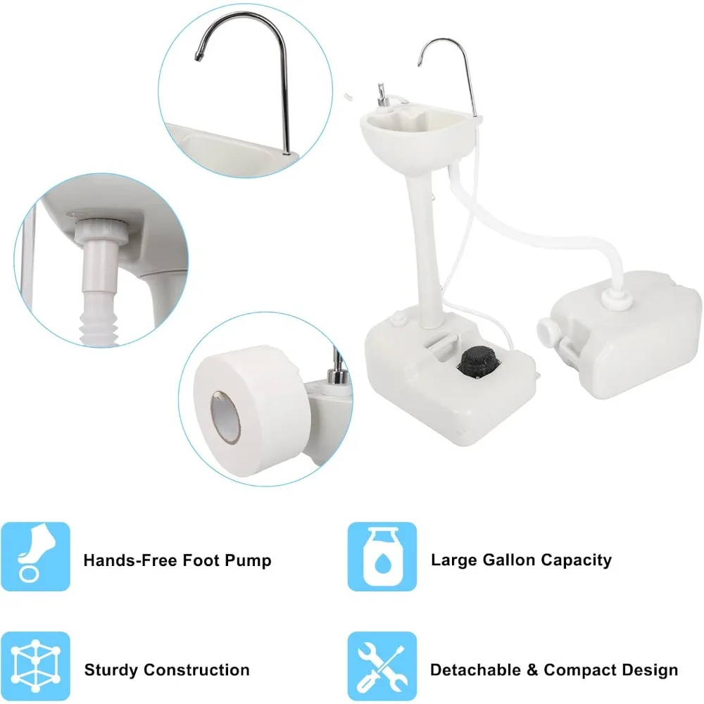 

Portable Camping Sink w/ 19L Water Tank Rolling Wheels Towel Holder Soap Dispenser Faucet, Outdoor Foot Pump Washing Station