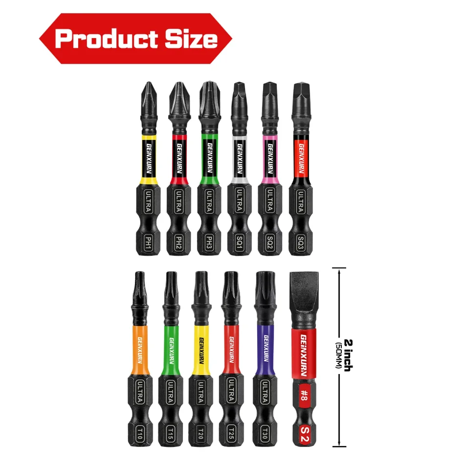 Geinxurn 13PCS Impact Phillipes/Square/Slotted Screwdriver Bits Set, 2'' Magnetic S2 Steel Bits Set with Color Coded Base