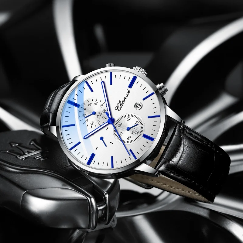 CHENXI 971 relojes de cuarzo a la moda para hombre, elegante correa de cuero, cronógrafo resistente al agua, calendario, reloj de pulsera informal luminoso para hombre