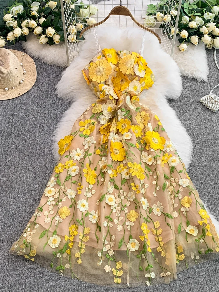 

Ele Yellow 3D Flower Strap Dr Women's Summer Beautiful Fairy Me Waist Cinching Slimming Long Dr Korean Sle High...