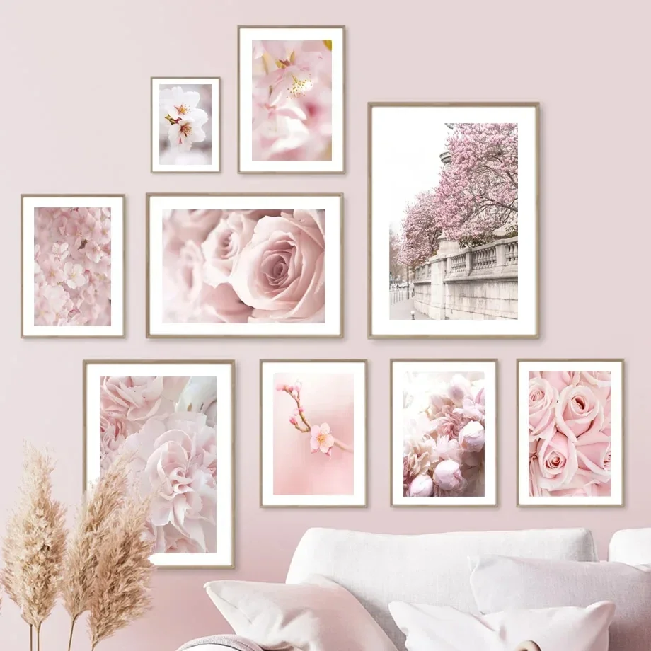 Wall Art Pink Cherry Blossoms Rose Peonies Orchids Oil Painting Landscape Posters and Prints Living Room Home Decoration Murals