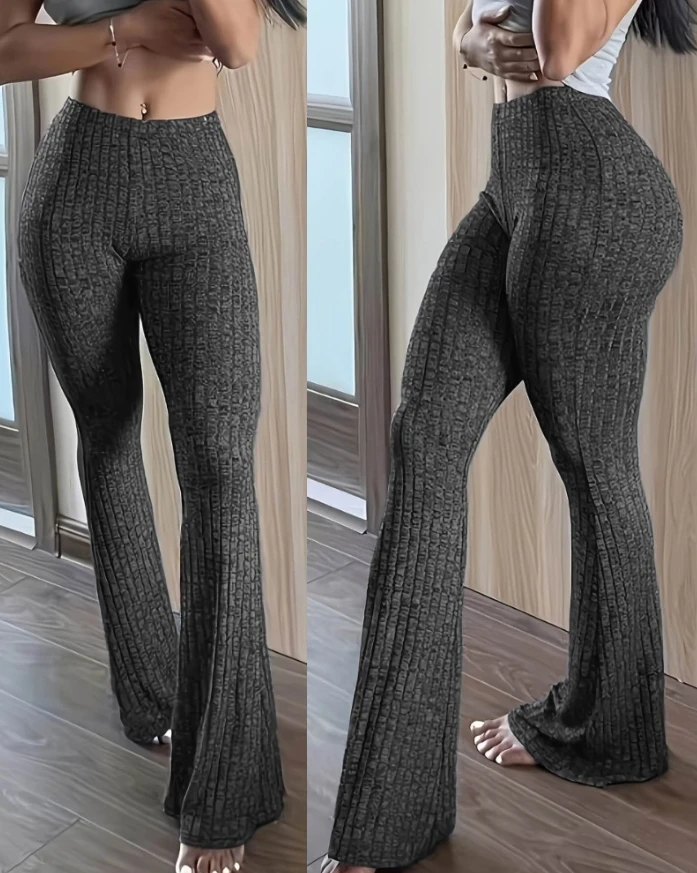 

Women's Pants Fashion Basic Trouses Casual High Waist Tight Fit Solid Color Pit Striped Knitted Skinny Flared Sports Pants