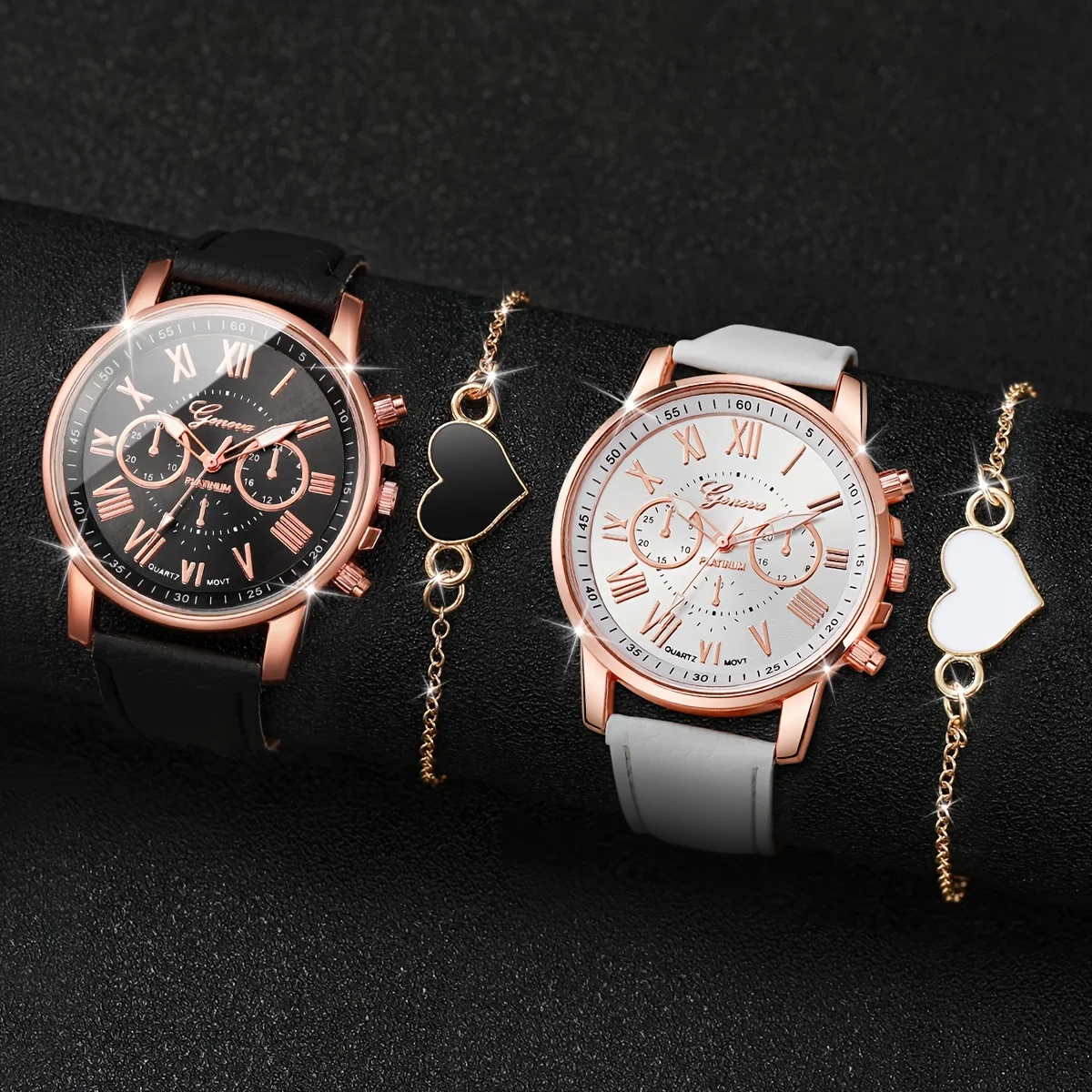 

4pcs/set Casual Couples Quartz Watch Rome Fashion Analog PU Leather Wrist Watch & Bracelets, Valentines Gift For Him Her