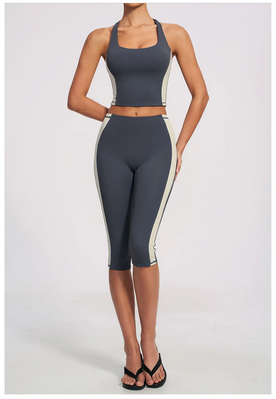 Yoga-Set 2-teilig Workout-Outfit Damen Trainingsanzüge Fitness-Weste Kurze Sporthose Ärmellose Capri-Hose Sportbekleidung Sport-BH Kleidung – Detail 23