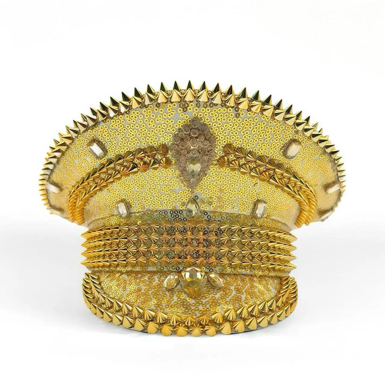 HongLuan Gelber Laser-Leder-Loop-Kapitänshut mit Strasssteinen und Militärkappen für Damen, Rave-Festivals-Accessoires und Partymütze für Herren