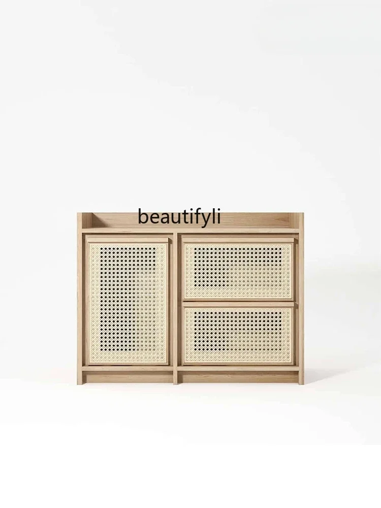 Household Log Style Home Entrance Cabinet Living Room Locker Wood Color Rattan Woven Wall Cabinet