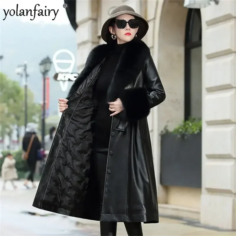 YOLANFAIRY High-end-Herbst Winter Unten Mantel Frau Echt Schaffell Echtes Leder Jacke Frauen Fuchs Kragen Koreanische Graben Mantel