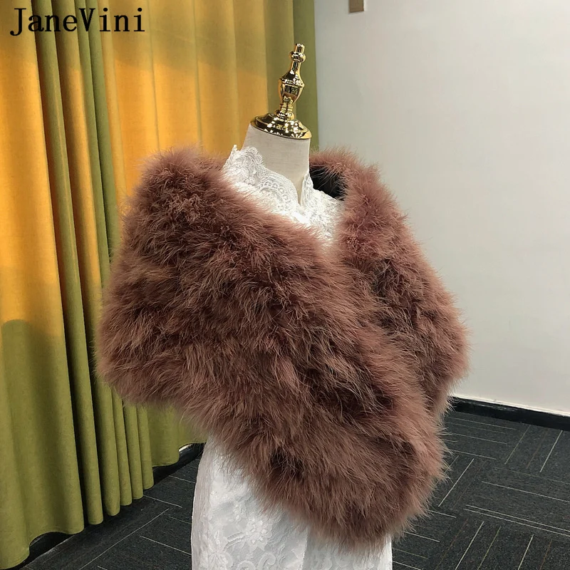 

JaneVini Luxury Brown Ostrich Feathers Faux Fur Bridal Cape Bolero Women Party Jacket Wedding Wraps Shawls Winter Coat for bride