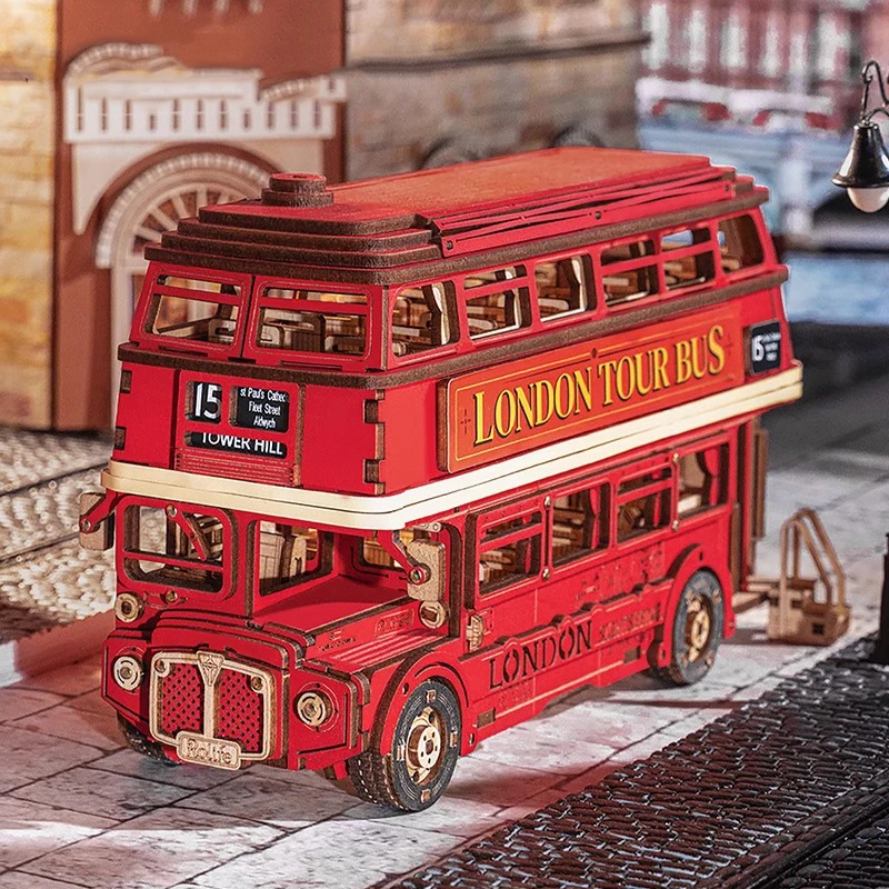 รถบัสท่องเที่ยวลอนดอน โมเดลรถของเล่น รถบัสท่องเที่ยวไม้ ตัวต่อ 3 มิติ ของขวัญที่ดีที่สุดสำหรับเด็ก ชุดตัวต่อเสริมพัฒนาการ