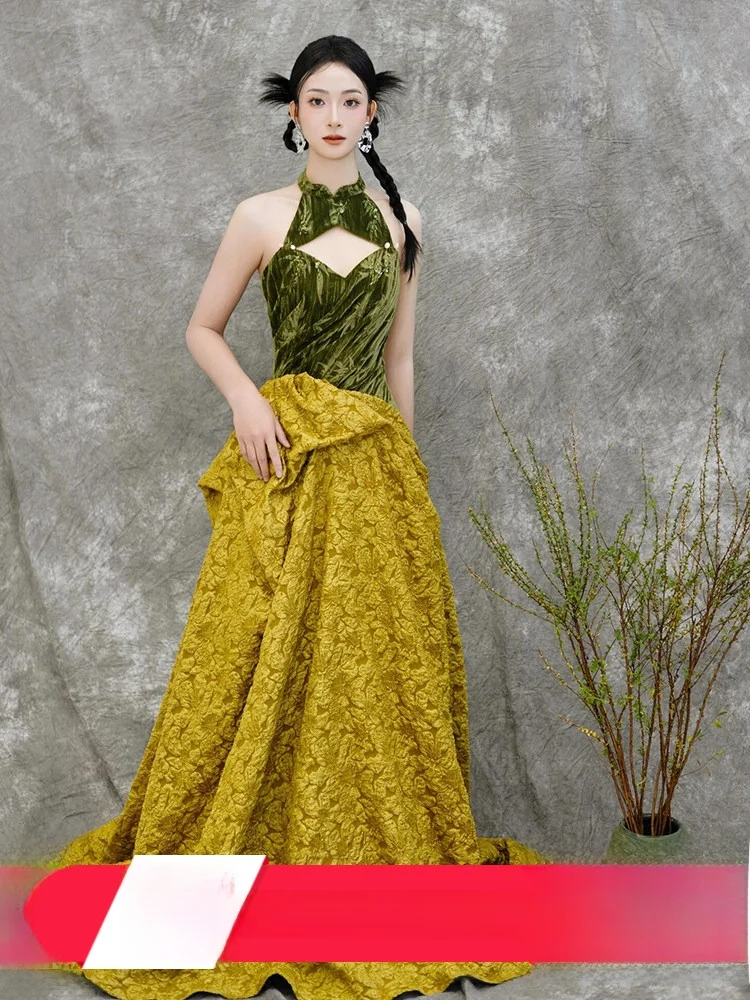 

Ele Chinese Sle Wedding Dr Women's Evening Gown Ne Hanging Sle Long Skirt Svel Floral Pattern for Banquet