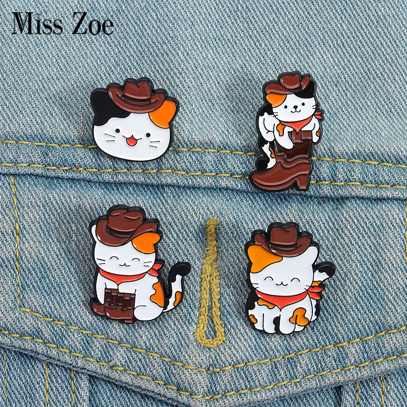 Cowboy Cat Enamel Pins Custom Tortoiseshell Calico Cat Brooches Lapel Badges Clothes Animal Jewelry Gift for Friends