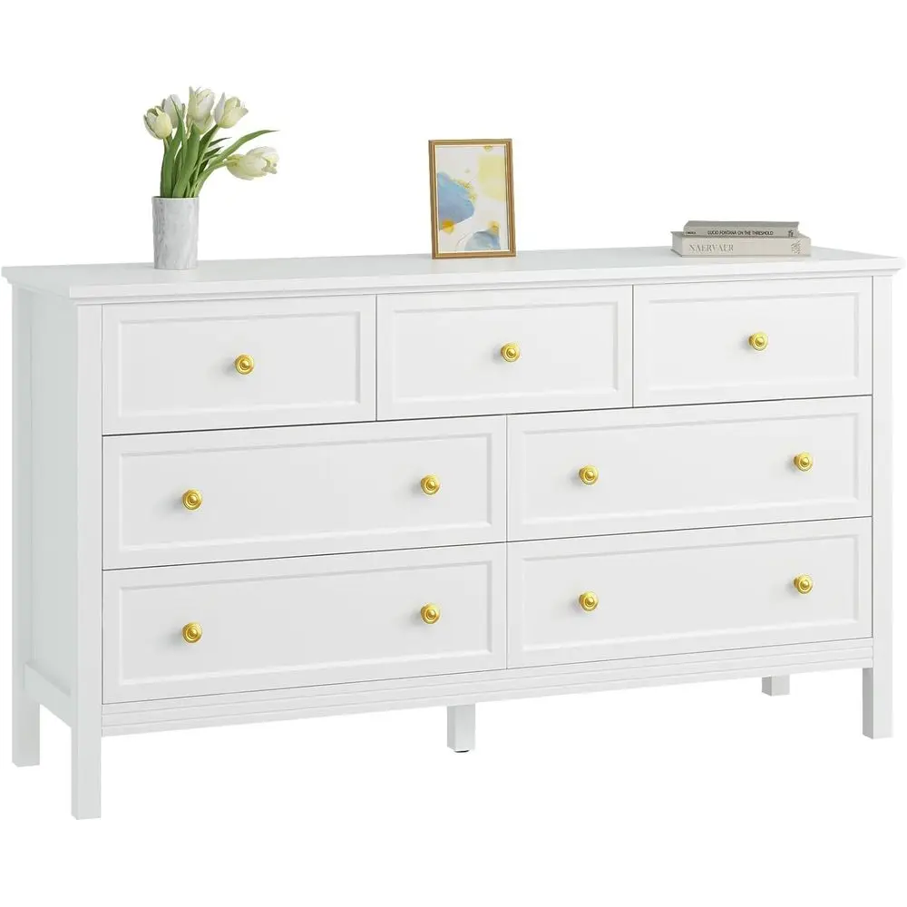 White Bedroom Dressers with Gold Handles, 7 Drawer Dresser, 55'' White and Gold TV Stand, Dressers & Chests for Hallway
